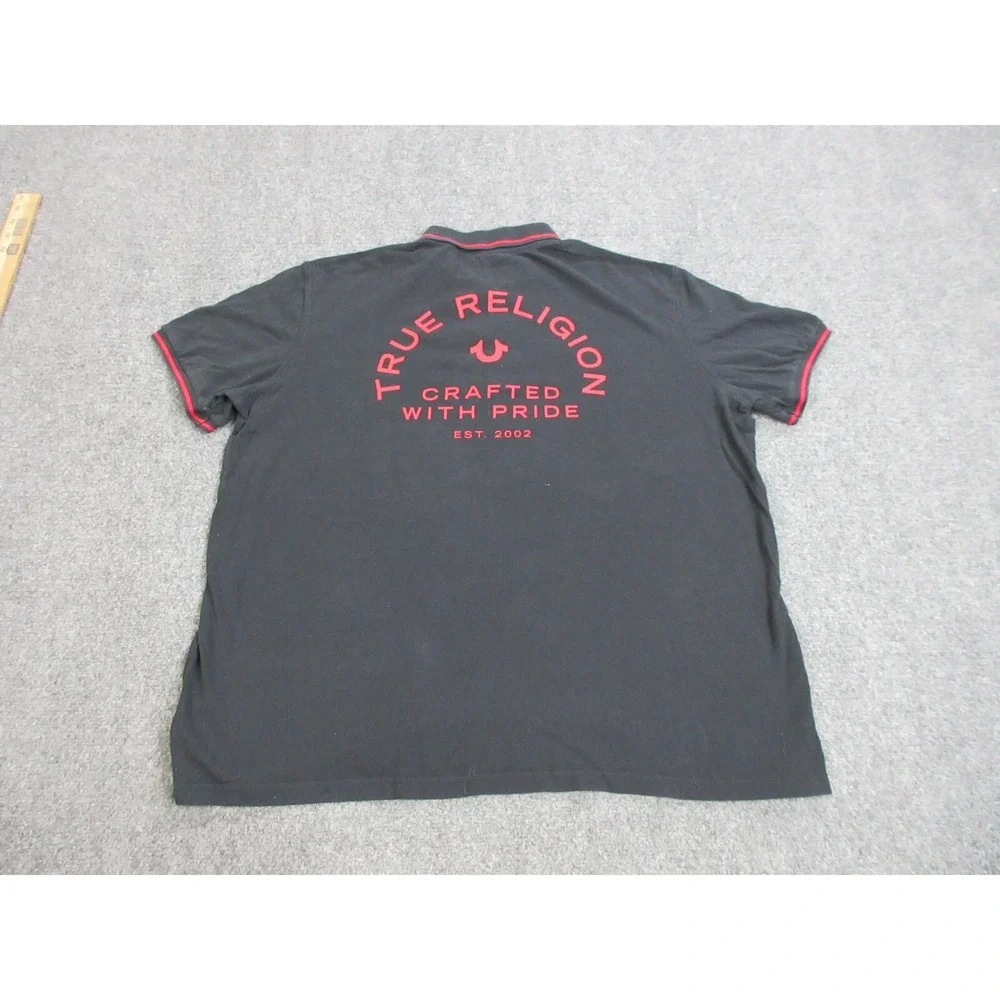 True Religion Polo Shirt Mens 3XL Black Crafted With Pride Graphic Logo Knit
